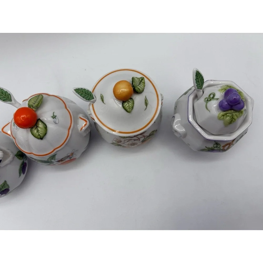 Vintage 1991 Lenox Orchard Porcelain Jam/Jelly Jars - Set of 8 with 8 spoons